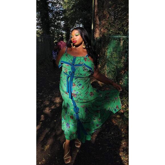 DEREK LAM Green Floral 100% Silk Ruffled Popover Cami Style Midi Dress Size 2 - Picture 12 of 15